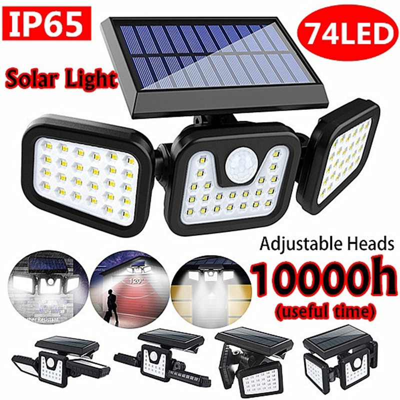 Solar Lights Outdoor,3 Adjustable Heads 74 LED Solar Security Lights,Security Floods Lights with Motion Sensor,270°Wide Angle Illumination,IP65 Waterproof for Garden Patio,Yard,Porch,Garage Pathway 