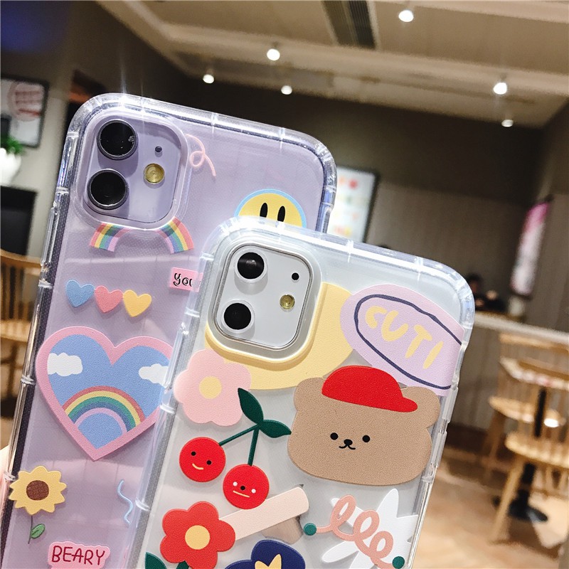 Cartoon Bear Phone Case For iPhone 12 Mini 11 Pro Max XR XS Max 7 8 Plus X Soft TPU Cute Letters Clear Back Cover Coque L-10