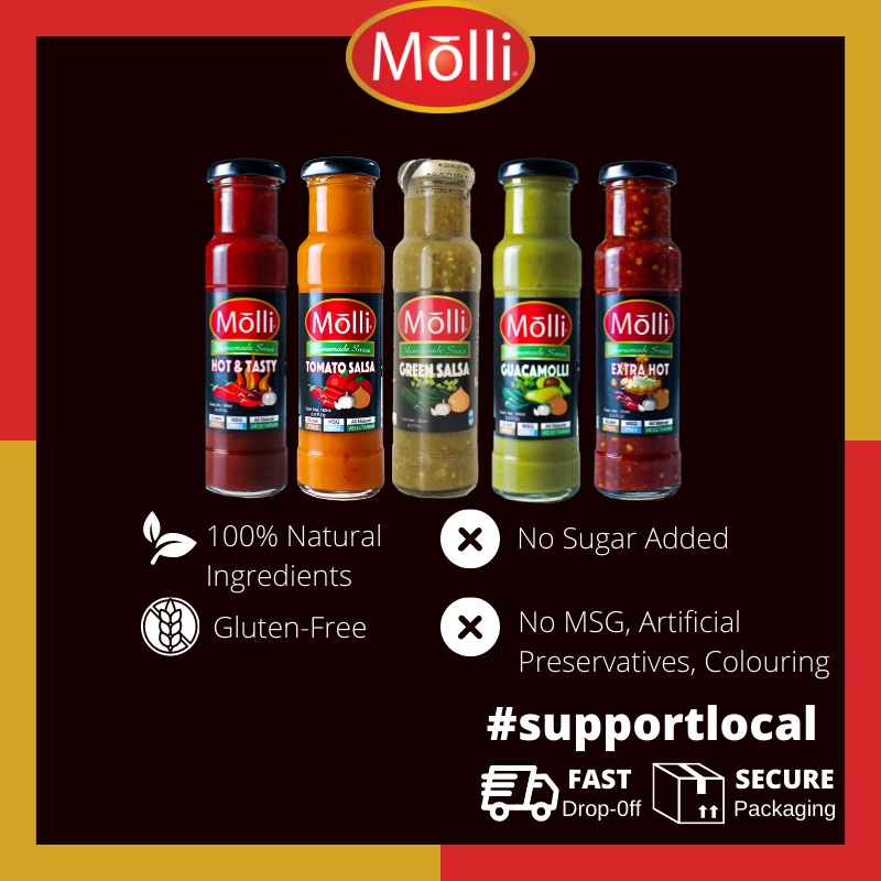 MOLLI 5 Bottles Mexican Hot Sauce/ Spicy Dip Salsa Avocado/ Low Carb Diet No Sugar Healthy/ Muslim Friendly