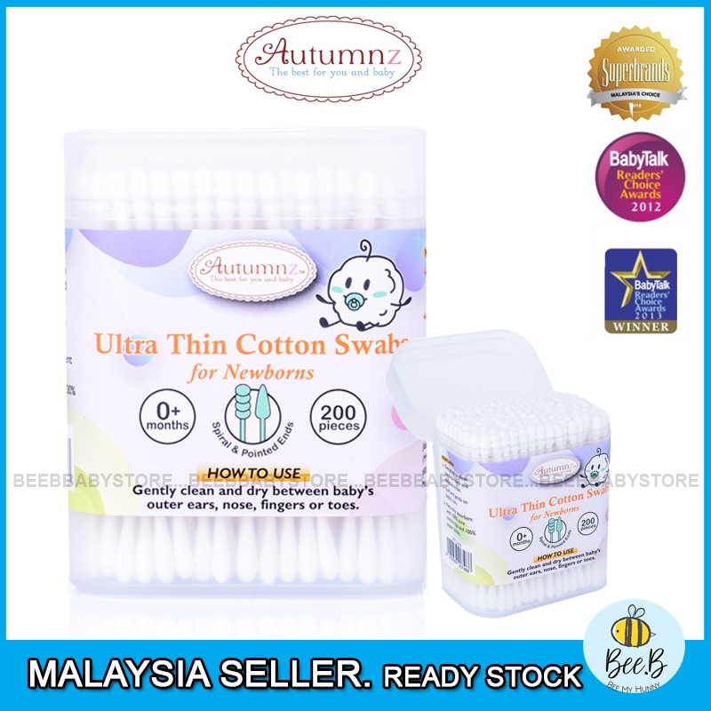 Autumnz Ultra Thin Cotton Swabs for Newborn (200pc) Baby Newborns
