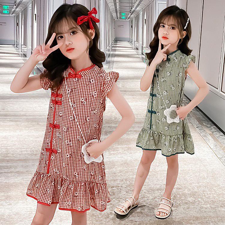 Kids Boutique Girls Fashion Floral Chrysanthemum Traditional Cheongsam Plaid One Piece Dress Mini Dress Shopee Malaysia