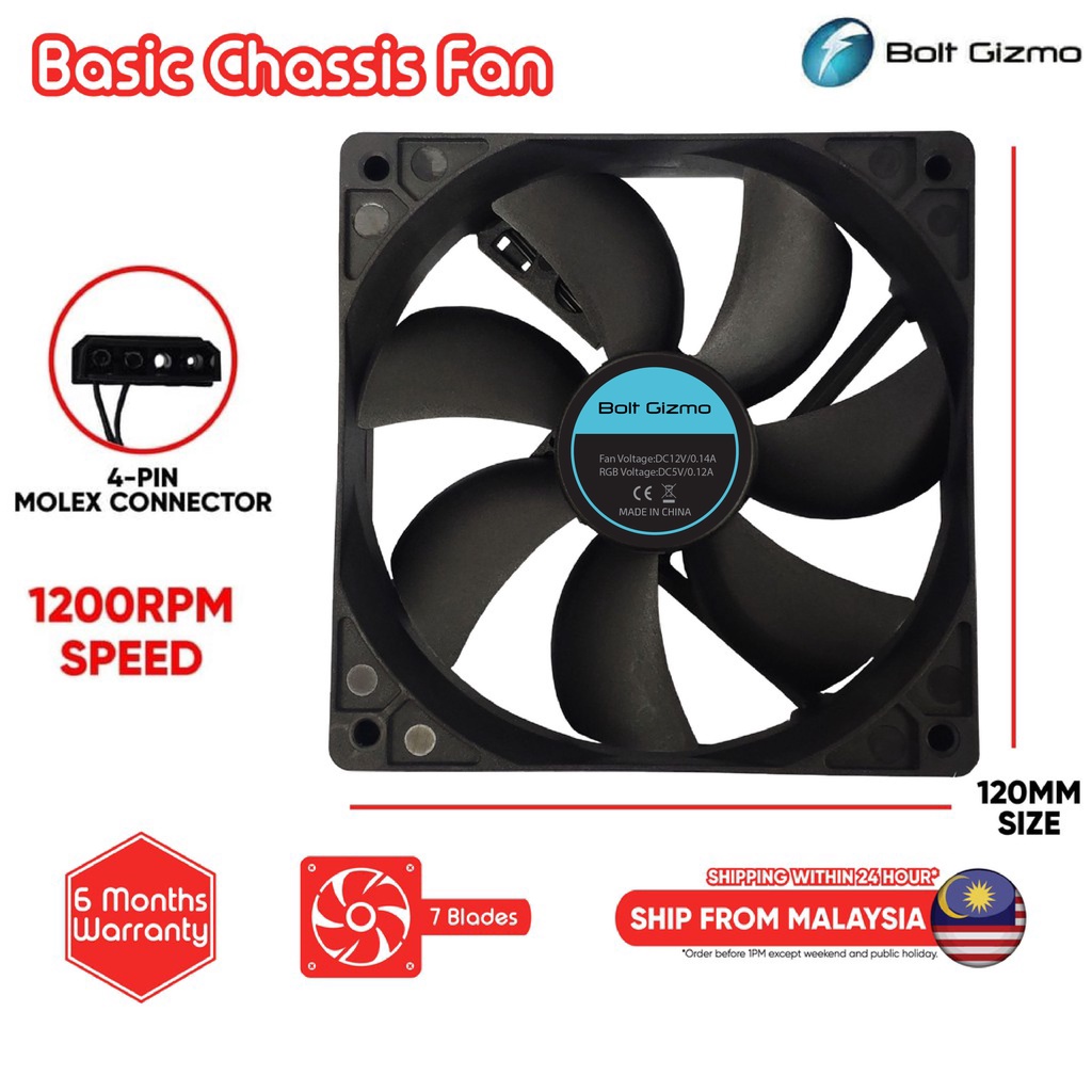 BG Basic Pc casing fan Black 12cm speed 4 Pin Molex Connector Cpu Casing Dekstop Cooling Fan PC | Shopee