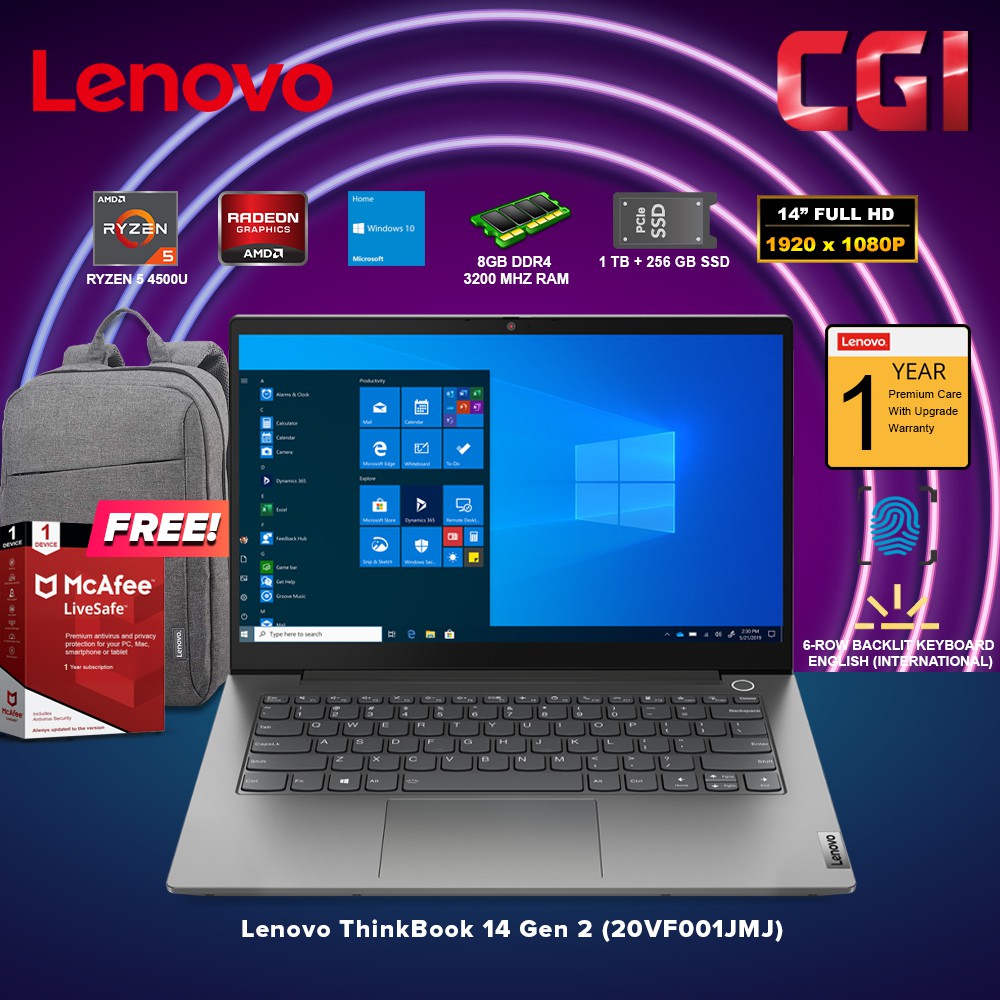 Lenovo 14" ThinkBook 14 Gen 2 AMD Ryzen 5 4500U Processor Radeon Graphics W10H 8GB RAM 256GB SSD