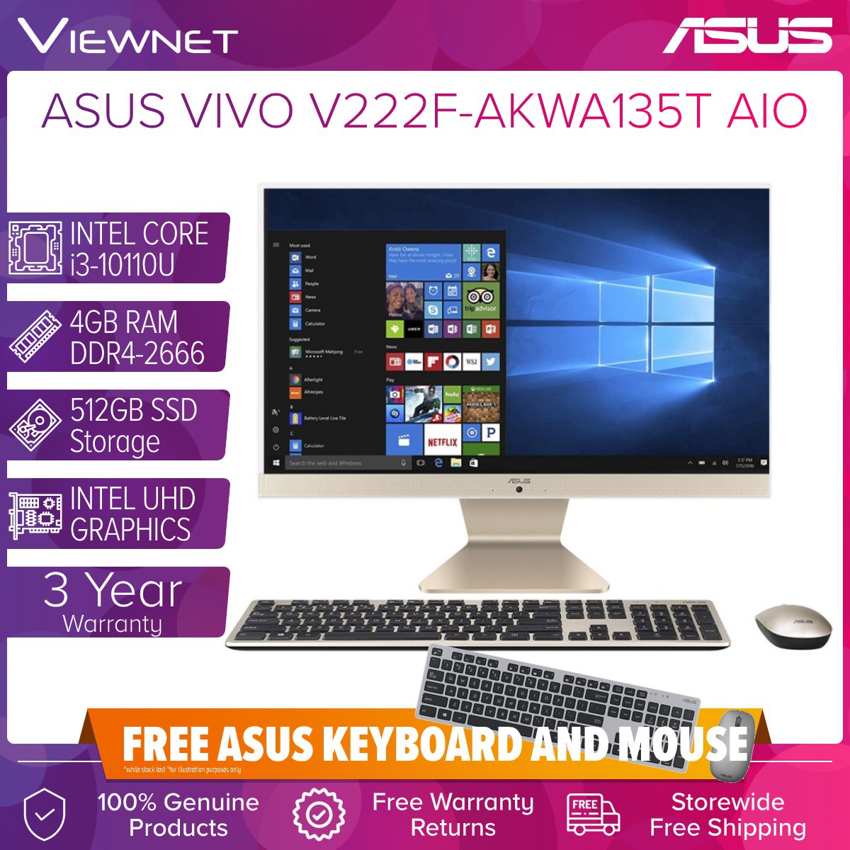 Asus Vivo Aio All In One Pc Intel Core I3 u 4gb Ddr4 512gb Ssd Intel Wifi 23 8 V222f Akwa135t