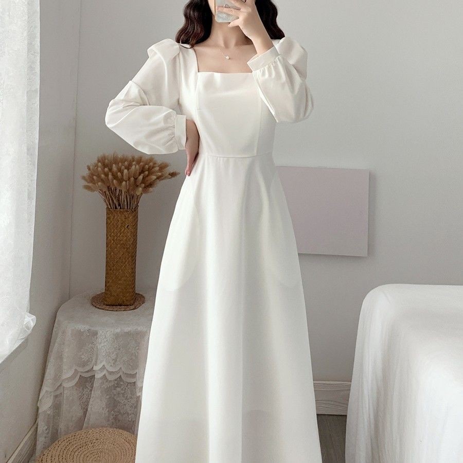 (fashion trend)White long-sleeved dress, women's side collar, waist, slimming, retro, long skirt with base temperament