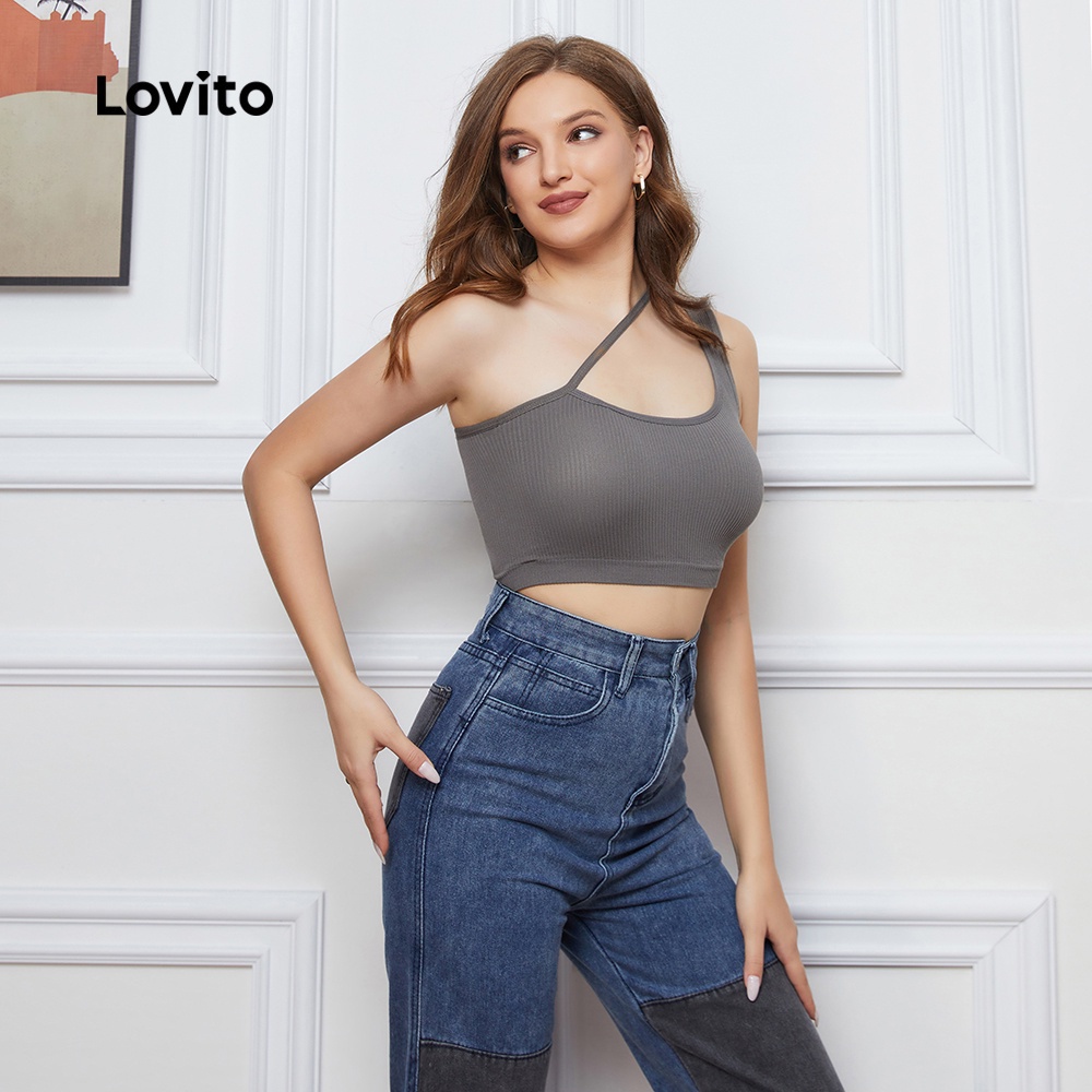 Lovito Plain Basic Backless Sports Bras L08073 Black Gray Lovito Bra Olahraga Punggung Terbuka