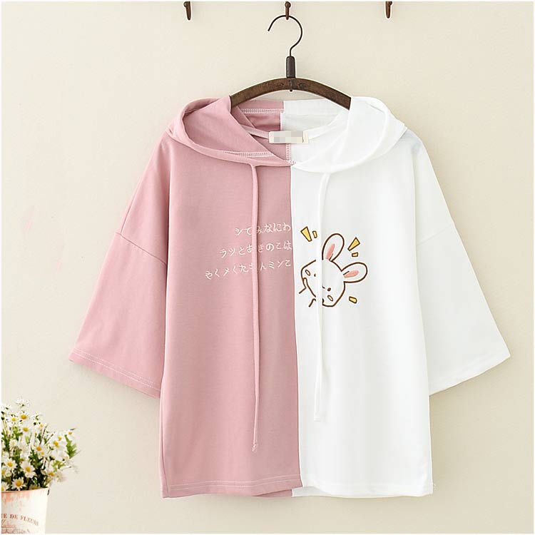 Middle school students summer short sleeve T-shirt girl cute sweet embroidery color matching loose casual girl short sleeve Hoodie Top new fashion baju lengan pendek short t shirt plus size women s clothing loose top ladies tee shirt clothing tops