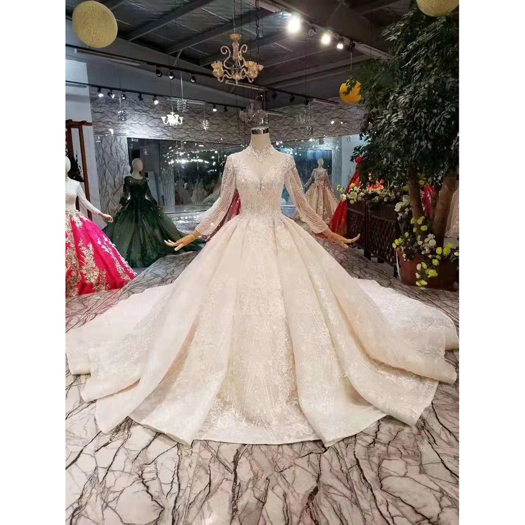 High End Wedding Dress Customized Luxury Shiny Lace Wedding Full