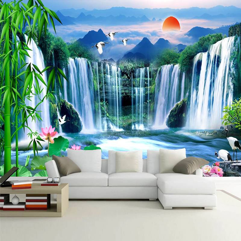 Custom 3D Wallpaper Waterfall Bamboo Lotus Nature Landscape Mural ...