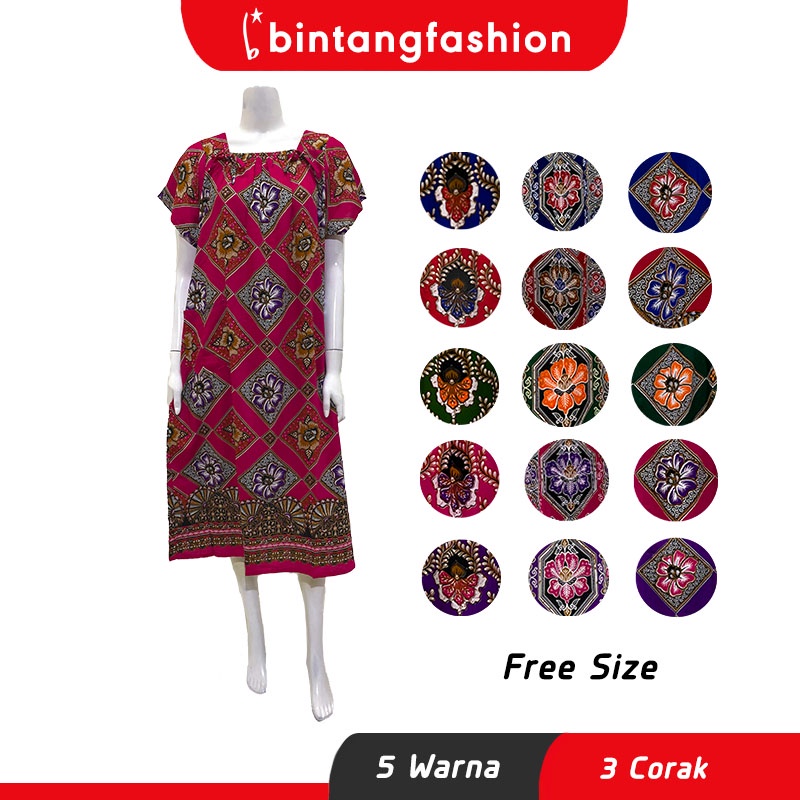 Bintang Fashion Baju Batik Perempuan Lengan Pendek / Baju Tidur Batik / Batik Cotton Dress Short Sleeve (Free Size)