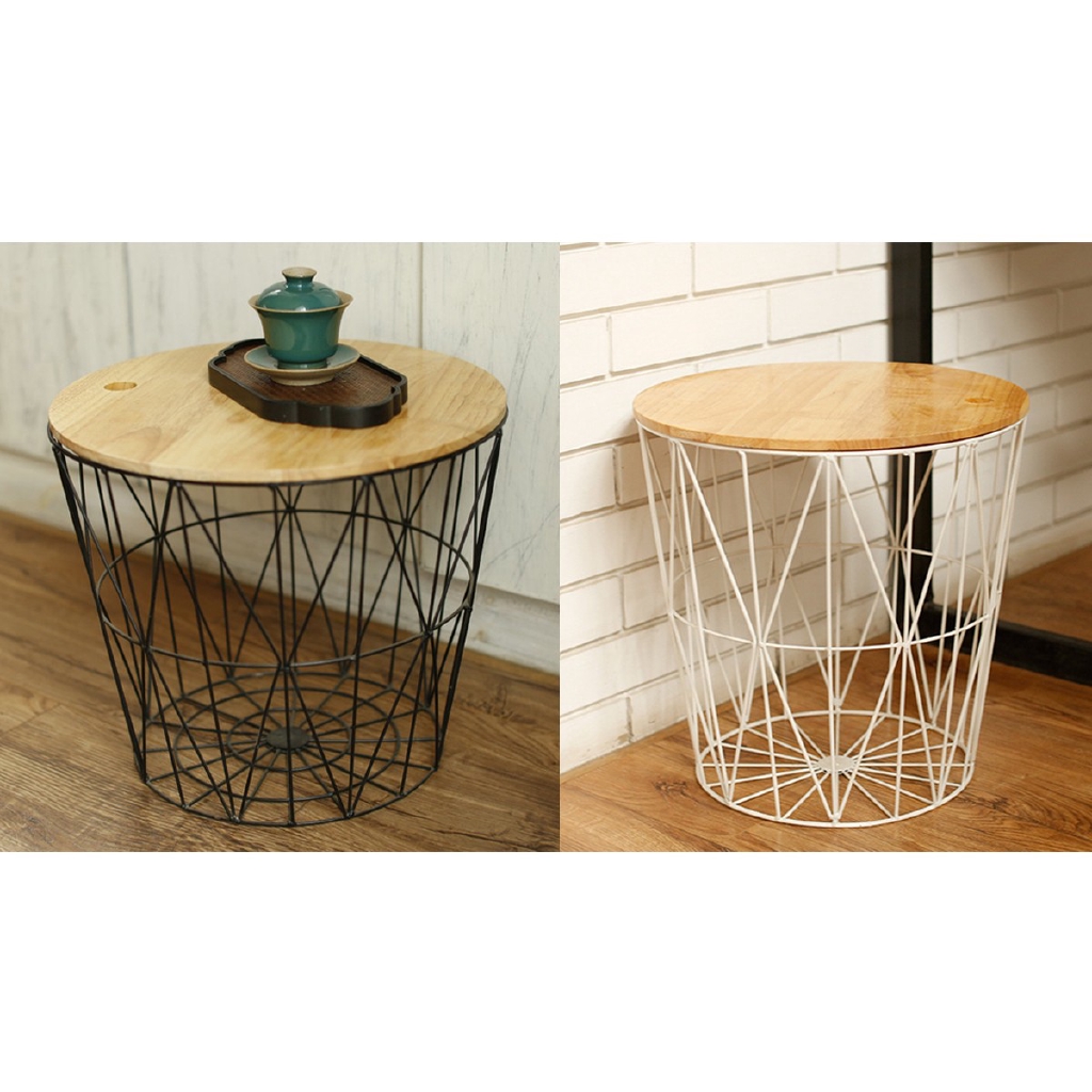 White Black Metal Wire Basket Wooden Top Side Table Storage Loft Home Shopee Malaysia