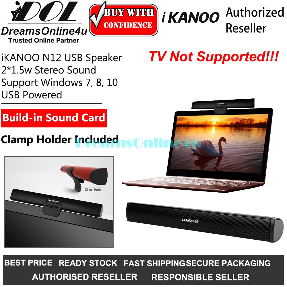 iKANOO N12 Mini Portable USB Stereo Soundbar with Clamp Holder and