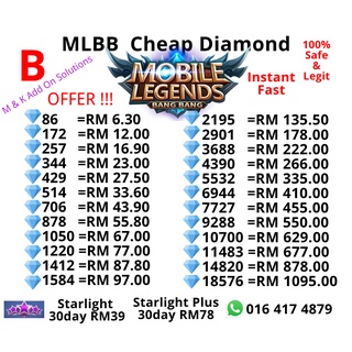 MLBB Diamond ML Mobile Legends Diamonds | 100% Legit Top Up via ID Fast Topup B 86-514