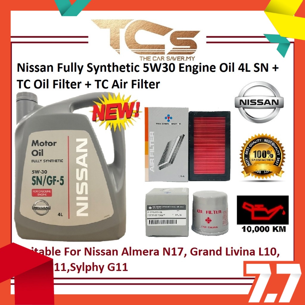 Nissan Fully Synthetic 5W30 Engine Oil 4L SN + TC Oil Filter + TC Air Filter