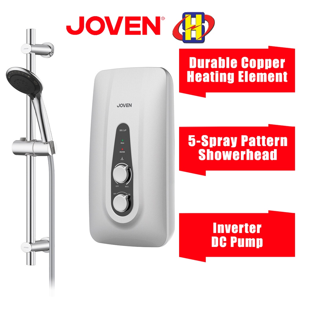 Joven Instant Water Heater (DC Pump/Silver) SB11 Series Inverter 5-Spray Pattern Showerhead SB11iP