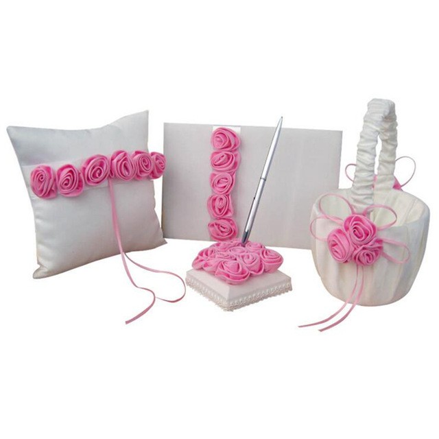 Elegant Rose Decor Flower Girl Basket Ring Pillow Guest Book