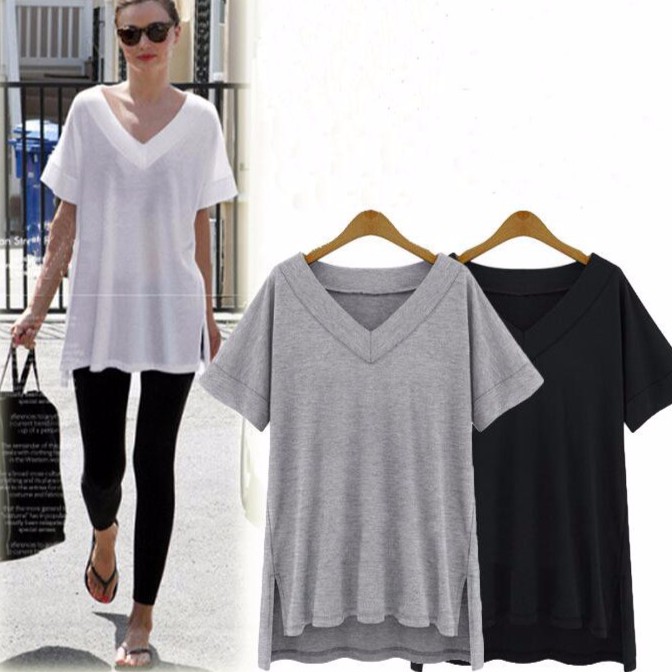 Ready StockSummer woman tops loose short-sleeved plus size V-neck casual cotton T-shirt koreanstyle womensclothing