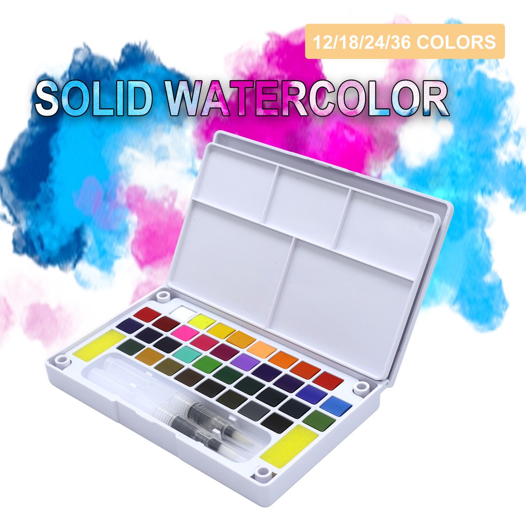 Seamiart [Ready Stock] 12/18/24/36 Colors Solid Watercolor Set with Water Brush Pen Sponge