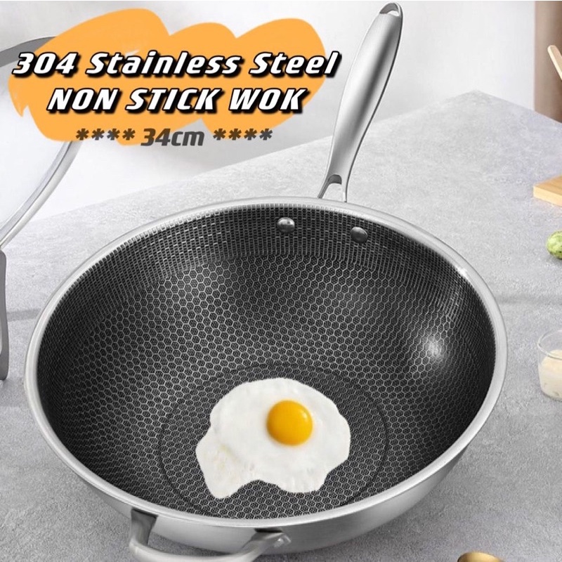 (Ready Stock) 304 Stainless Steel Non Stick Wok 34cm Shopee Malaysia