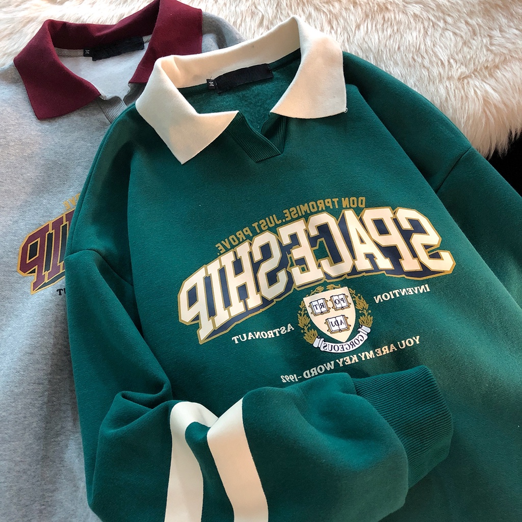 American Campus Style Retro Polo Collar Cotton Large Size Sweater Women's Classic Baseball Loose Lazy Long-sleeved Couple Sweatshirt