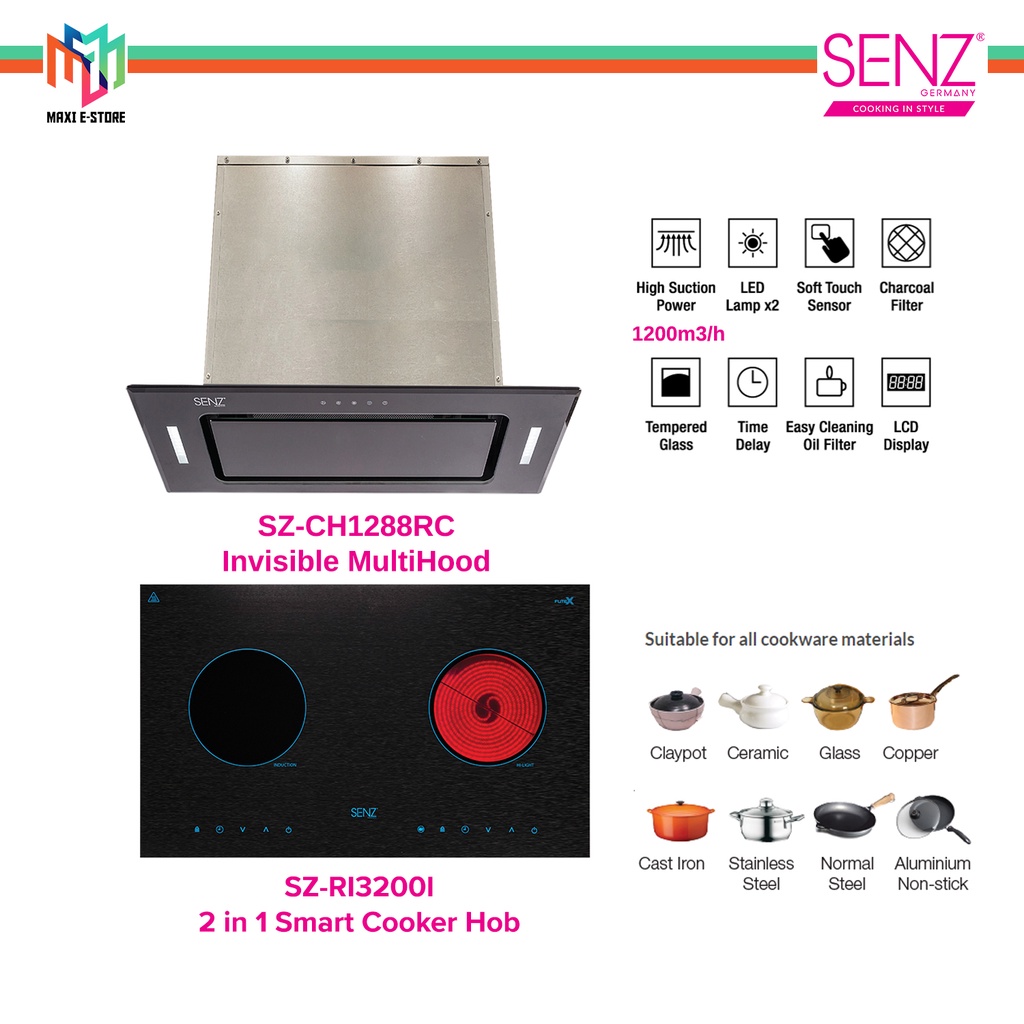 Senz SZ-CH1288RC-B Invisible MultiHood Cooker Hood 1200M3/H Mystery Black+2 in 1 Smart Cooker