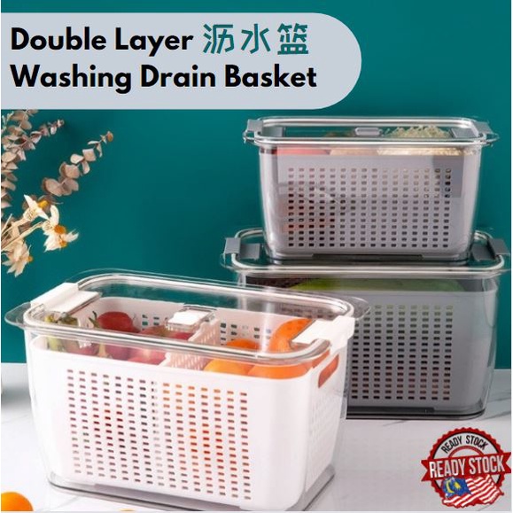 Fridge Storage Box Organizer/Double Sealed Drain Fruit Vegetable Drain