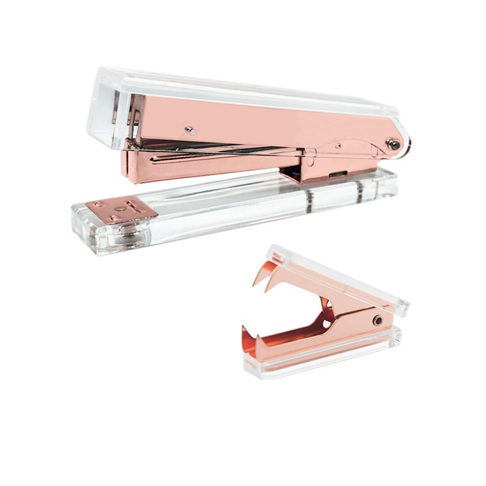 Office Stapler Staples Remover Set Clear Acrylic Rose Gold Tone