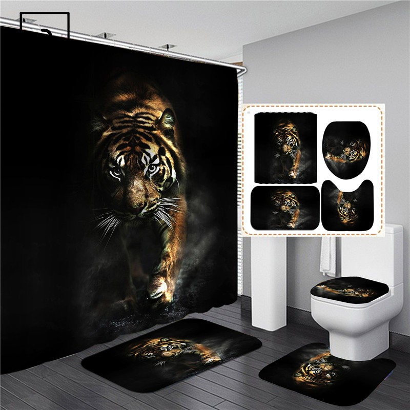 Rugs Shower Curtain Set Toilet Lid, Tiger Shower Curtain Set