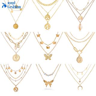 Personalized Fashion Butterfly Multilayer Pendant Necklaces Women Moon Gold Choker Jewelry Accessories