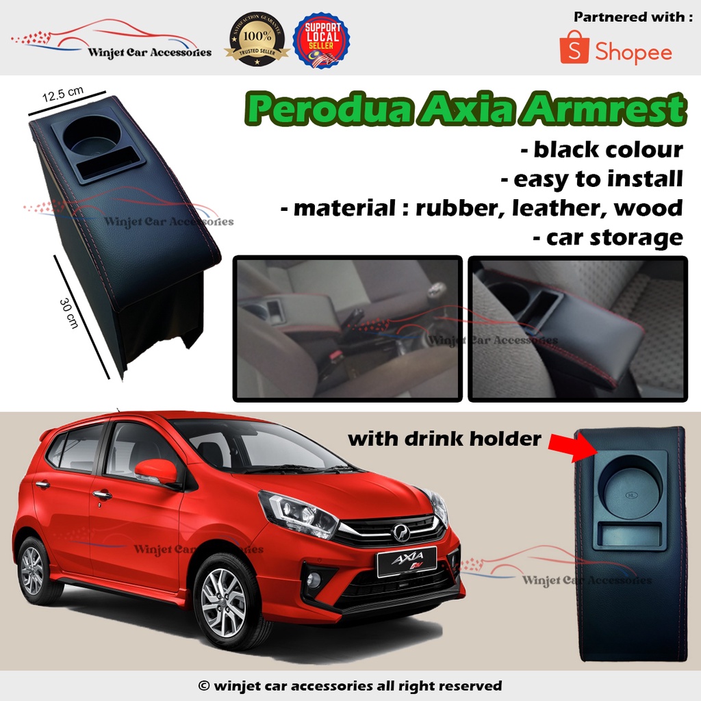 Perodua Axia Armrest Box With Drink Holder PVC Red Line Tempat Letak Tangan Shopee Malaysia