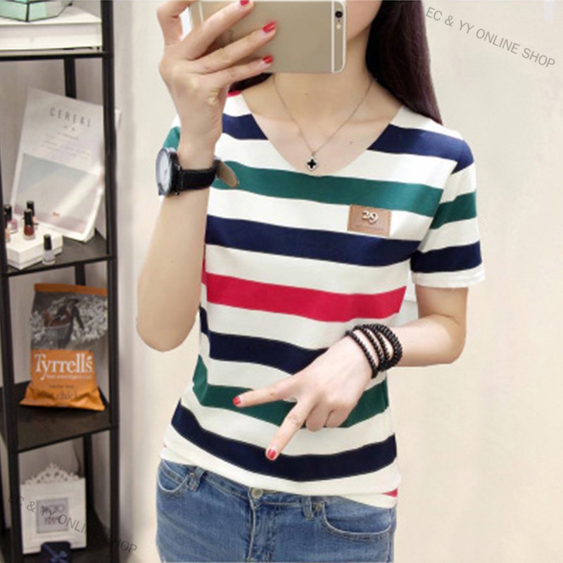 EC & YY ONLINE SHOP Women Summer Loose All-match V-neck Stripes Short Sleeve T-shirt