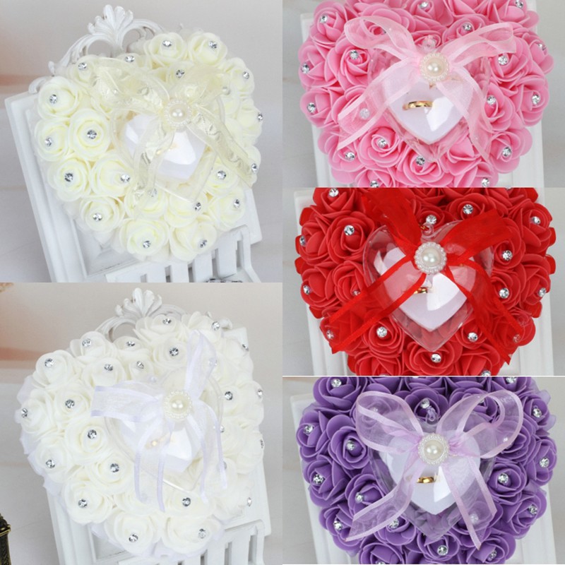 Mumusuki Romantic Rose Wedding Favors Heart Pearl Gift Ring Box Pillow Cushion Ring Box Heart Favors Wedding Ring Pillow Jewelry Case with an Elegant Satin Flora 
