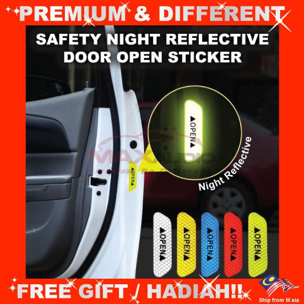 Universal Car Door Trunk Boot OPEN Safety Anti Accident Crash Warning Night Reflective 3M Sticker (4pcs)