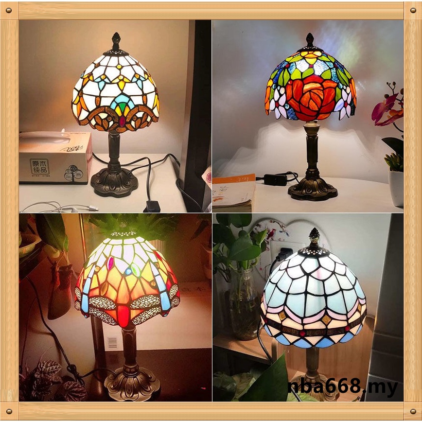 European Mediterranean Style Bedroom, Stained Glass Small Table Lamps