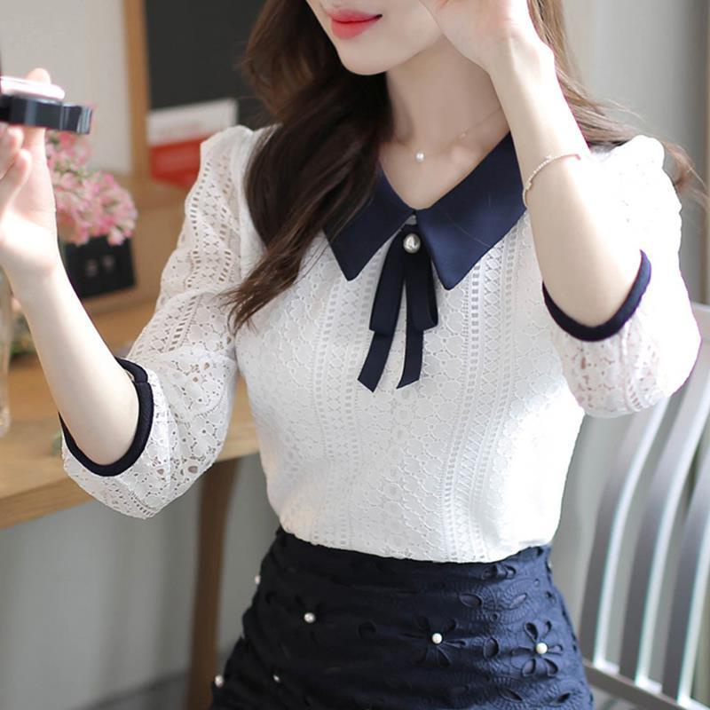 Women's Chiffon Blouses Shirt summer V-neck Bow Patchwork Half Sleeve Elegant Lace Tops