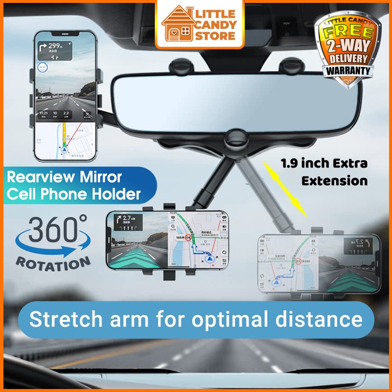 360° Rearview Mirror Clip Phone Holder Upgraded Retractable & Rotatable Smartphone Car Mount Pemegang Telefon 360 Degree