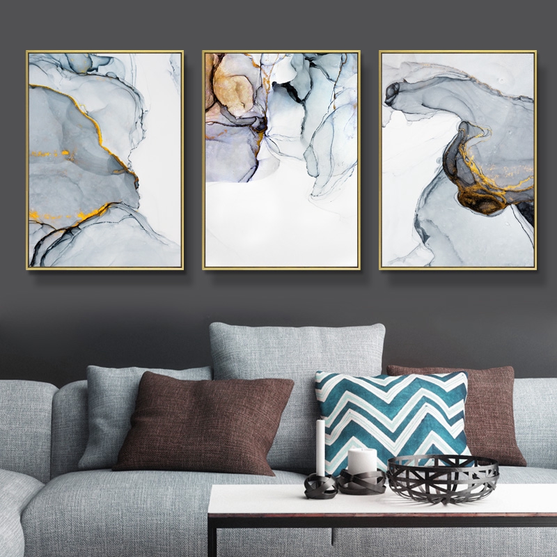 Blue Grey Marble Canvas Print Abstract Painting Poster Wall Pictures For Living Room Pictures Shopee Malaysia