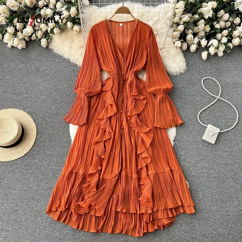 Vintage Long Dress Women Long Sleeve Party Dresses Spring Summer Female Casual Draped Ruffle Chiffon Dress Lady Robe