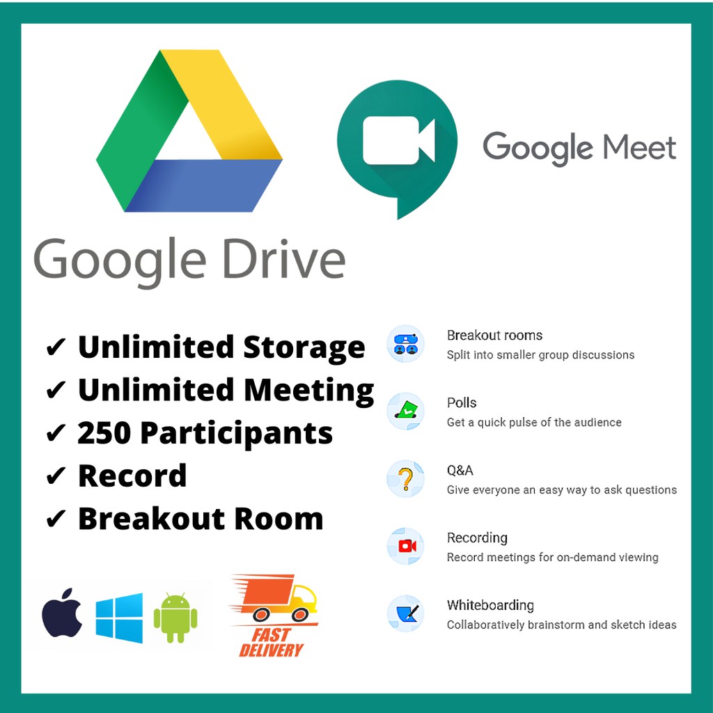 Google Drive Google Meet Unlimited Storage \u0026 Meeting Time (24 hours, Record, 250 Participants ...