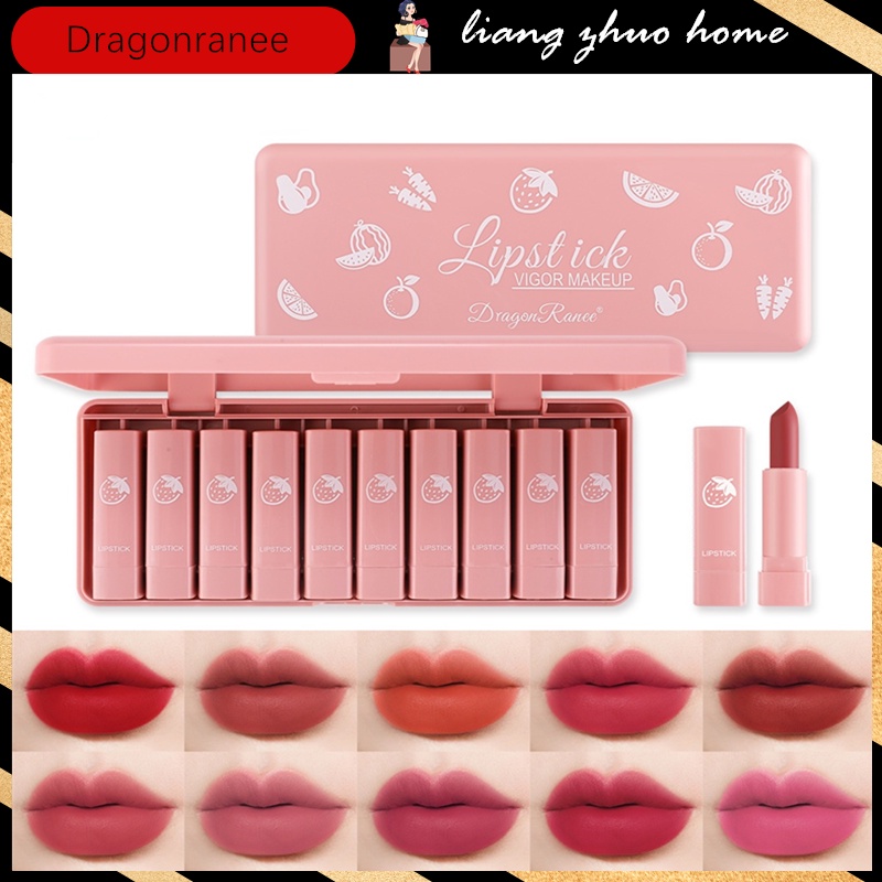 Smooth Matte Texture Lip Gloss 10 Colors Available Lipstick Long-lasting Lips Makeup Headset Box Set Exquisite Korean Cosmetics