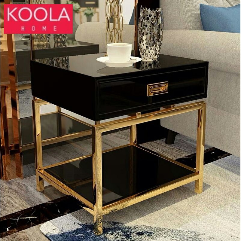 Luxury Bedside Table Gold Stainless Steel Glossy Black Bedside Table