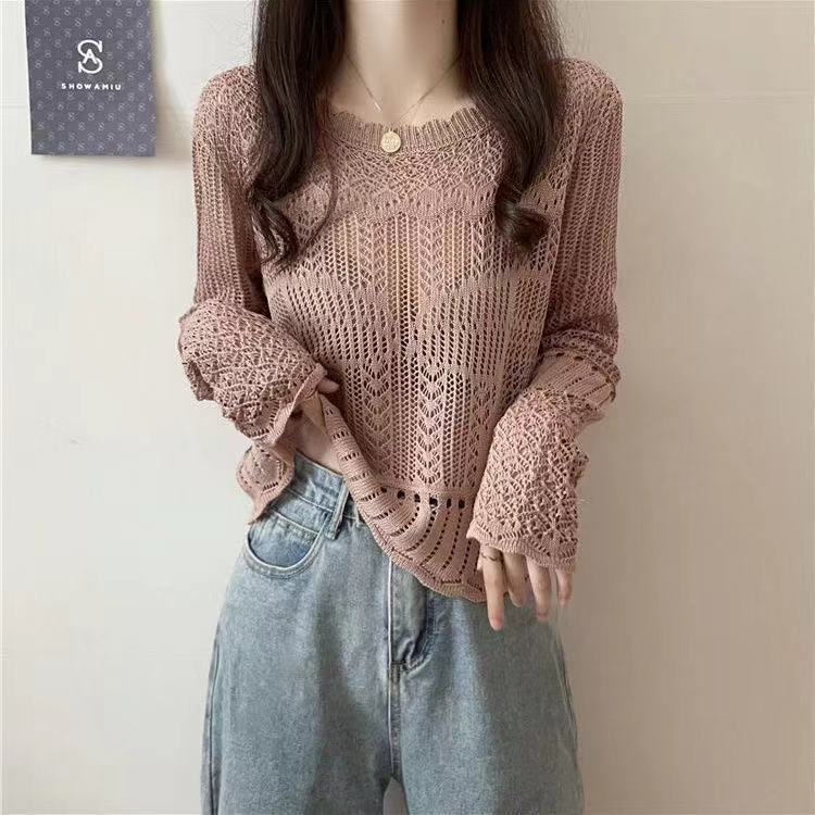 Women Ladies O-Neck Long Sleeve Hollow-out Crochet Knit Top Sweaters Shirts Loose Blouse