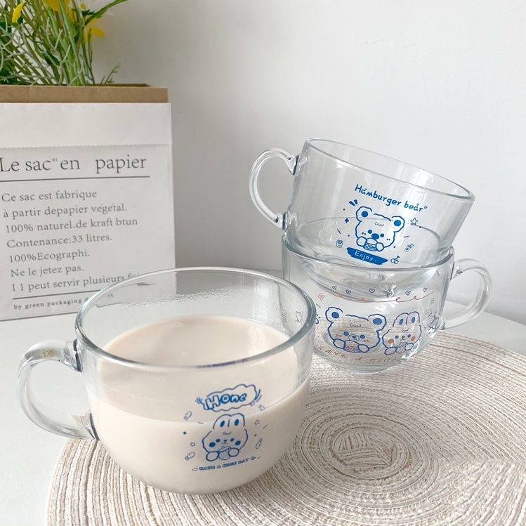 【Ready Stock】Transparent Large Capacity Breakfast Glass Milk Mug Oat Yogurt Bowl Water Cup Gelas Kaca 透明小兔大容量玻璃早餐杯子