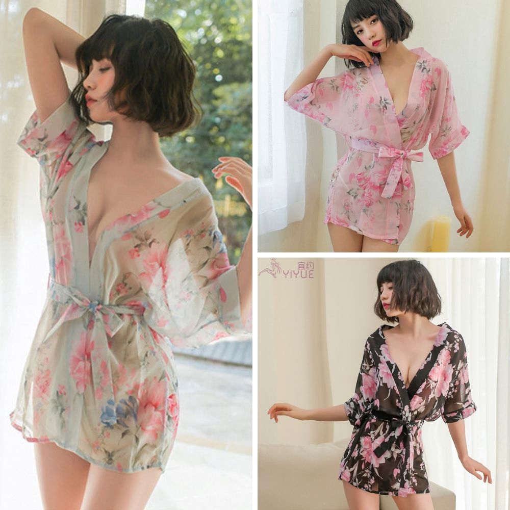 [READY STOCK] Chiffon Floral Robe Sleepwear Sexy Lingerie Japanese Kimono Costume Baju Tidur Seksi S678 (3 Colour)