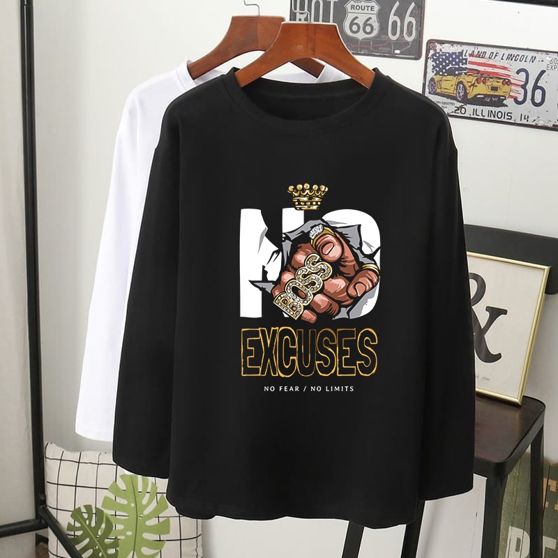 No excuses boss grafik T-SHIRT Lengan Panjang Muslimah perempuan lelaki kain cotton baju wanita longsleeve tshirt women