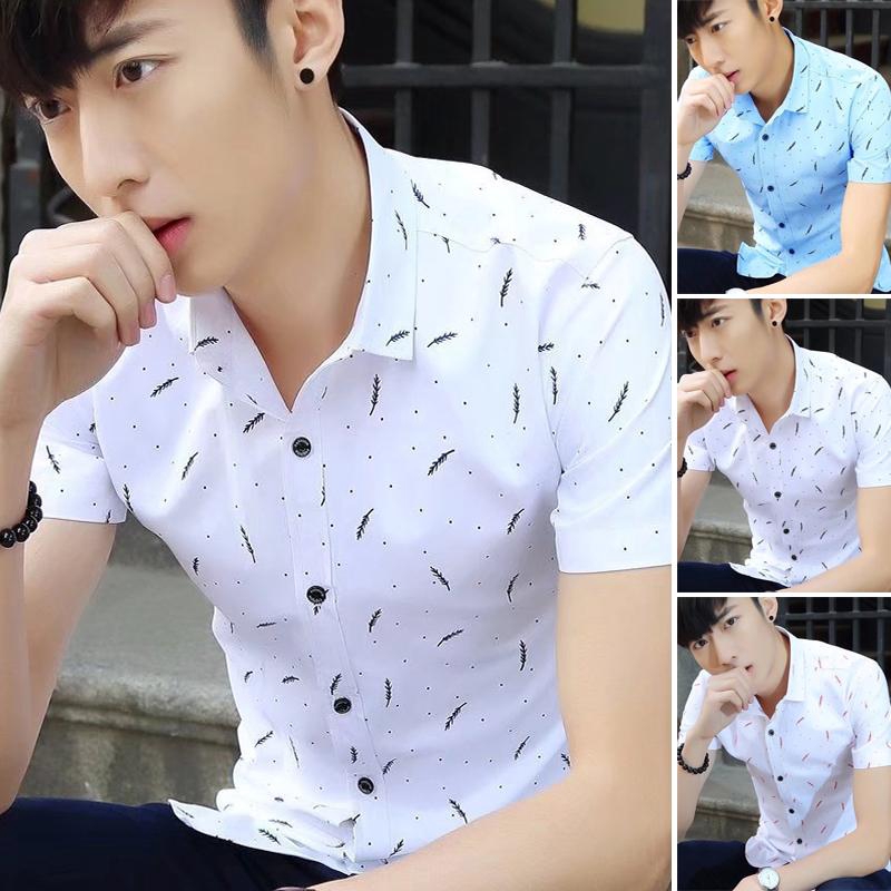 Men Short Sleeve Feather Printing Shirt Air Permeable Simple Korean