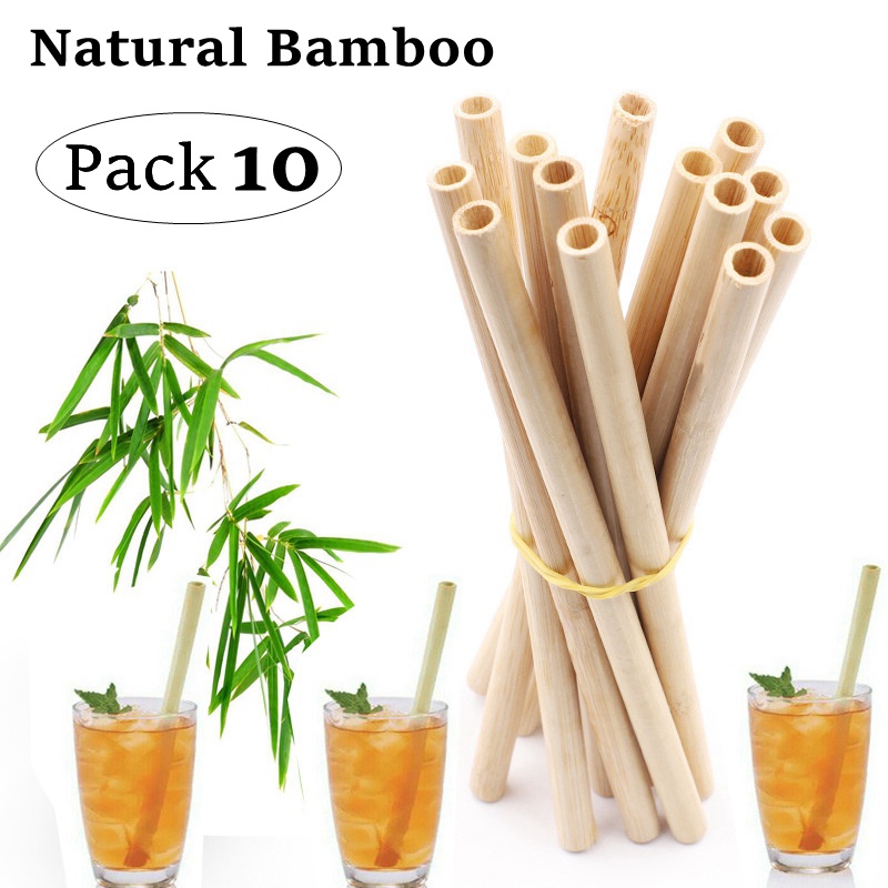 10Pcs 20cm Reusable Bamboo Straws Eco-friendly Bar Party Drinking Straw with Cleaning Brush Natural Bamboo Cocktail Straws Straight Sharp Head Drinkware Straws with Storage Case