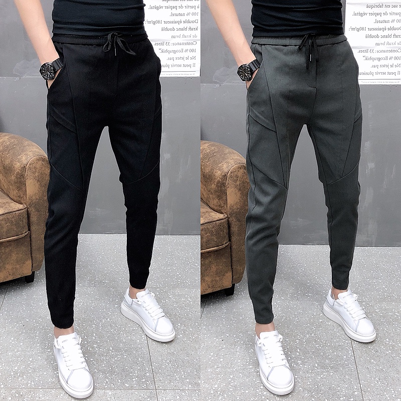 Men Casual Fashion Slim Fit Pant Black Gray Summer Ankle Length Pants Teen drawstring trousers