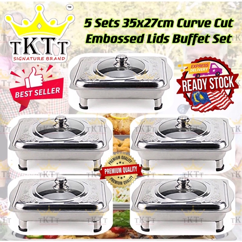 TKTT ™️ 5 Set 35x27 Embossed Lid Stainless Steel Buffet Set Catering Serving Tray Food Pan Bekas Lauk Katering Serbaguna