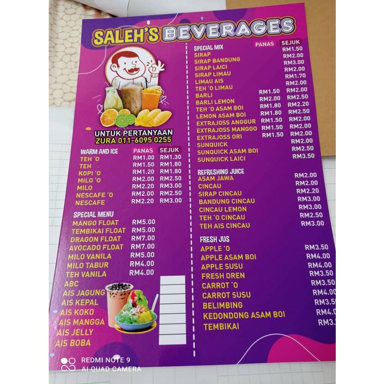 MENU RESTORAN / KEDAI MAKAN (PRINT & MOUNT HIGH IMPACT) A4 & A3